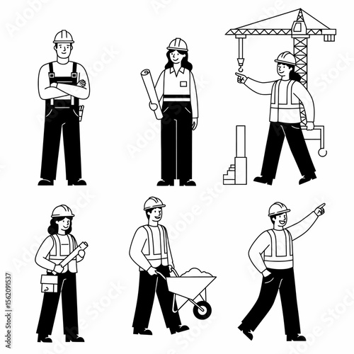 Line art illustration of construction workers in various poses, including holding blueprints, using a wheelbarrow, and operating a crane.