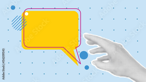 Trendy poster with hand in halftone style on the topic of sending messages. Conduct correspondence, give comment, place an ad concept. Horizontal banner, vector graphics
