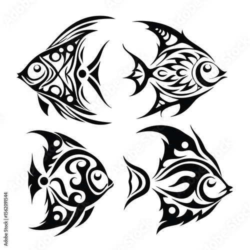 Four abstract black sea fish with tribal tattoo patterns swim gracefully together in formation