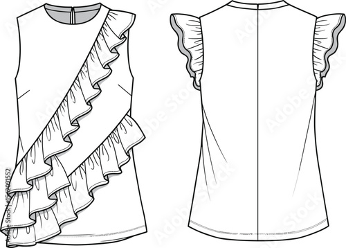 Ruffle sleeve women’s top, front and back technical sketch, fashion flat drawing, cad vector illustration for garment design template