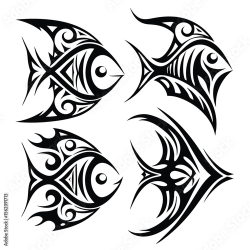 Black tribal fish pattern showcases striking animal silhouettes on the white background, ideal for unique applications