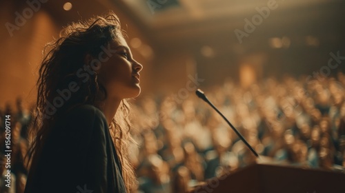 Woman Speaking at a Conference in a Packed Auditorium with Engaged Audience Listening