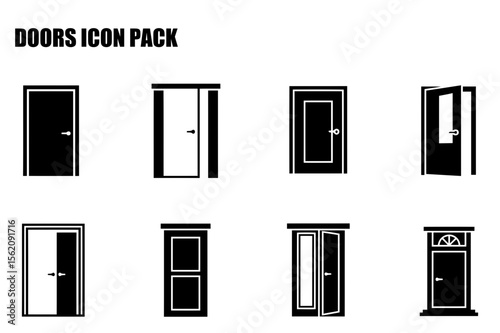 Various door icons in different styles and positions. Collection of door designs for illustration or graphic design use.