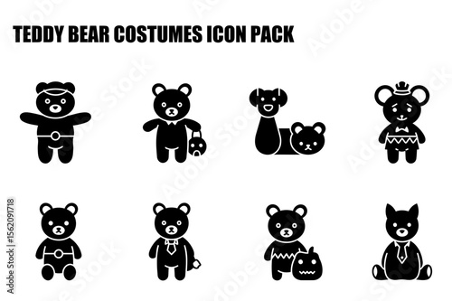 Teddy bear costumes in various outfits in a flat design. Cute teddy bears in different costumes for Halloween or other occasions posed in a variety of scenarios.