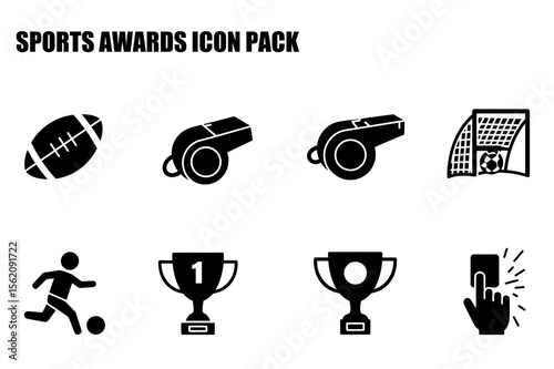 Sports awards icon pack showing various sports equipment and actions. Simple black and white vector illustrations of sports equipment and actions with a white background.