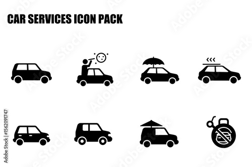 Black and white car service icons depicting various actions. Different car services shown in a simple, easily understandable graphic style.