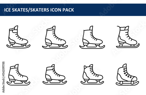 Ice skates for various activities in a winter setting. Illustrations of ice skates in profile view with a white background.