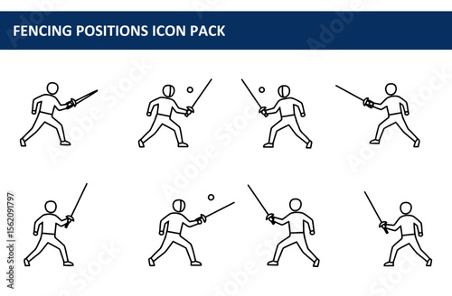 Fencing positions icon pack depicting diverse athletes in various stances with swords. Action-oriented poses of fencers in different positions against a plain background.