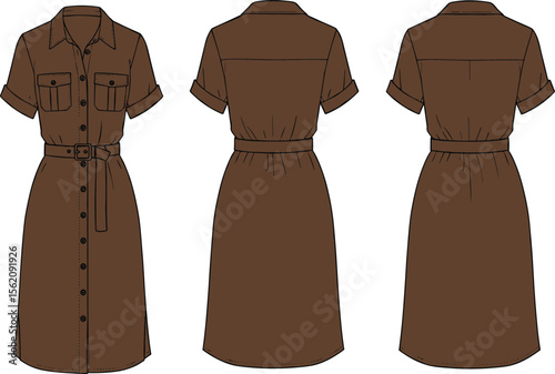 Shirt dress fashion cad with front and back view, belted waist, button-down design, vector flat sketch for apparel design