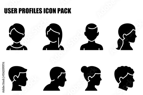 User profile icons in various hairstyles and poses. Simple black and white silhouettes for user interface design or social media marketing.