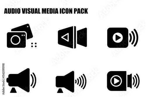 Audio visual media icon pack with various media controls in a simple, flat design. Collection of user interface icons for multimedia functions.