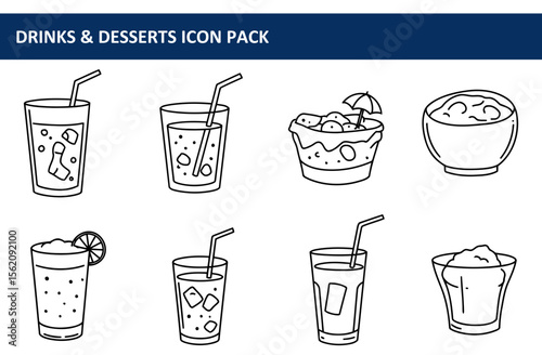 Drinks and desserts icon pack featuring various beverages and desserts, displayed in a flat, black and white line art style.