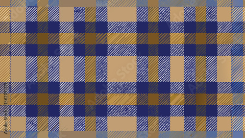 Blue brown and tan plaid pattern with diagonal lines and textured squares tartan fabric