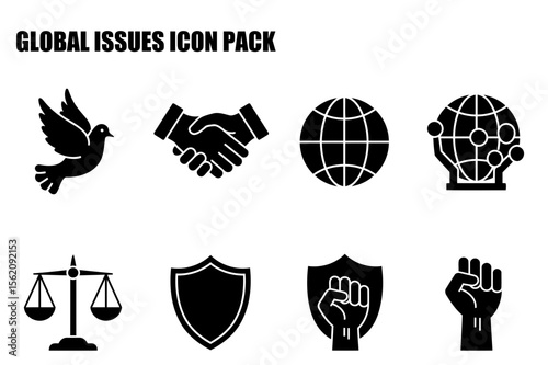 Global issues icon set featuring peace, diplomacy, justice, and human rights.