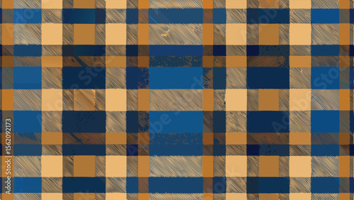 Blue and tan plaid pattern with textured squares and diagonal lines tartan textile