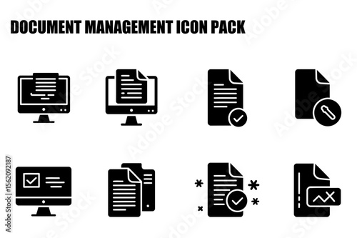 Document management icons in various states of process. Collection of file icons displaying different actions including viewing, verification, and editing.