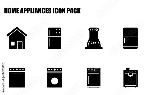 Home appliance icons for a modern kitchen. Simple, flat design illustrations of various kitchen appliances displayed against a plain white background.