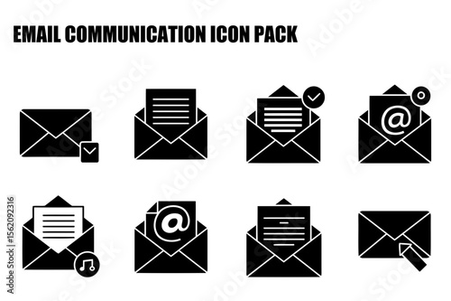 Email communication icons in a set of flat design. Various email actions with different symbols overlayed on envelopes are depicted on a white background.
