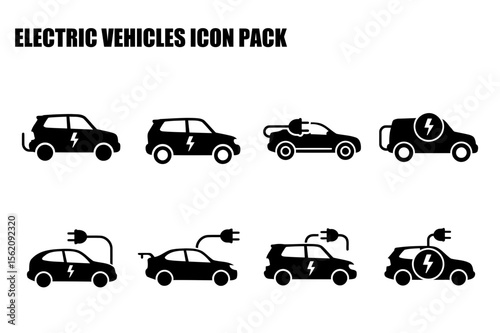 Electric vehicle icons showing various models with charging ports. Side profile views of diverse electric vehicle models with charging connectors.