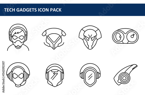 Line art of various futuristic tech gadgets in a digital graphic design. Stylish, modern, and simple icons for video game or technology-related theme.