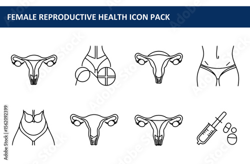Female reproductive health icons in various poses/views. Anatomical diagrams of female reproductive organs, showcasing different perspectives and potential medical procedures.