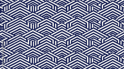 Seamless geometric pattern of interlocking navy blue and white chevron shapes background
