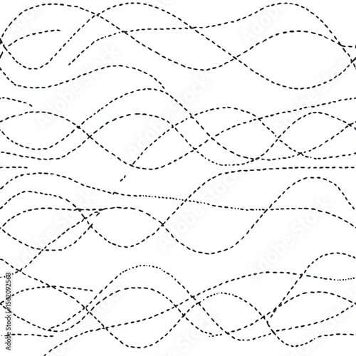 Black dashed wavy lines intersecting on white background abstract pattern dashed line