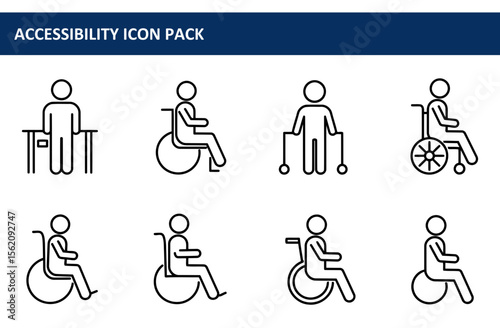 Accessibility icons depicting various postures and assistive devices. Illustrations of individuals using wheelchairs, walkers, and standing next to tables.