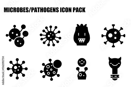 Microbe/pathogen icons in a simple, stylized design. Abstract representations of microbes and pathogens in various forms; some as cartoon characters.