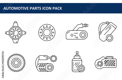 Automotive parts icons in various styles for mechanical repair shops. Line art illustrations of wheels, brakes, a car radio, a vacuum cleaner, and a variety of other tools and accessories.
