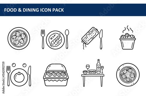 Food and dining icon pack depicting various stages of meal preparation and consumption. Simple line drawings of plates, utensils, food items, and dining settings.