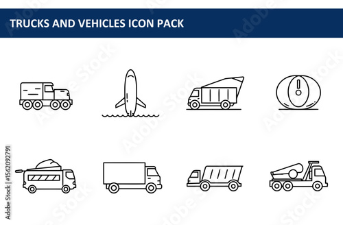 Line art illustration of various types of trucks and vehicles in a diverse range of settings. Simple, functional designs of different types of vehicles for transportation icon sets.