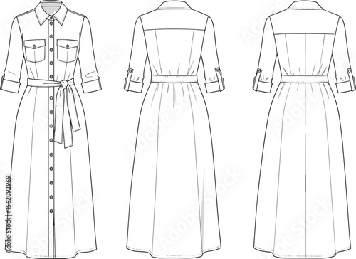 Shirt dress fashion flat sketch, long sleeve belted dress design, technical CAD vector, button down dress front and back view