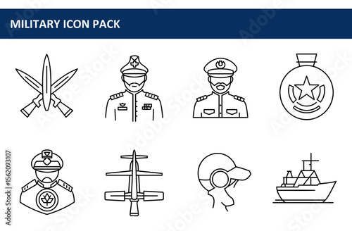 Military icon pack featuring various personnel and equipment. Outlined illustrations of military personnel in uniform, weapons, aircraft, and naval vessels.