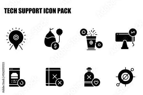 Technical support icons for various issues and solutions. Set of simple, black and white icons for a tech support service.
