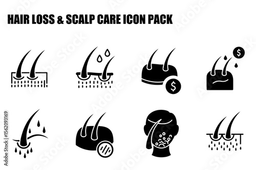 Hair loss and scalp care icon pack showing various stages of hair loss and treatment options.