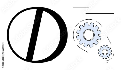Large bold circle paired with interlocking gears in motion. Ideal for teamwork, collaboration, efficiency, development, production, engineering, problem-solving. Simple flat metaphor