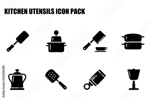 Kitchen utensil icons in a variety of shapes and sizes. Utensils for cooking and serving with a general-purpose use.