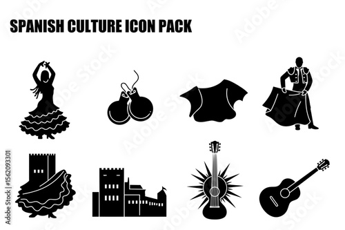 Spanish cultural icons in silhouette. Female dancer in traditional dress and raised arms.