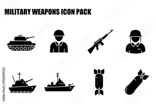 Military weapons icon pack depicting a tank, soldier, rifle, soldier, ship, bomb, and ship. Silhouettes of military hardware and personnel in a simple, flat design.