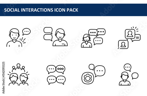 Line art illustrations of social interactions in various scenarios. Social interactions, including individual and group communication, displayed in a simple, modern style.
