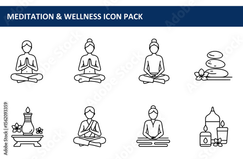 Line art illustration of diverse individuals practicing meditation/yoga poses in various wellness settings. Individuals in various seated postures, demonstrating calmness and focus.