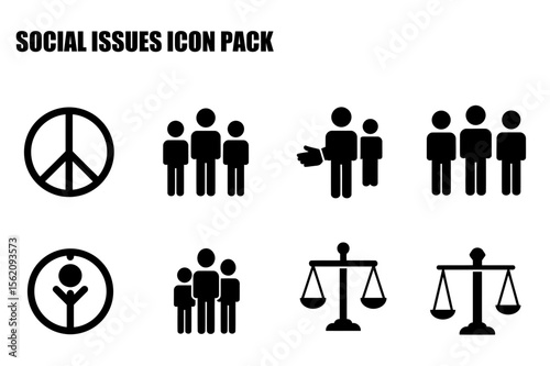 Social issues icon set of diverse groups with peace, unity, and justice themes. Various social issues represented with universal symbols.