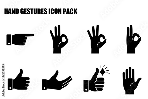 Hand gestures icon pack showing various hand positions and signals. Diverse hand gestures in a simple, graphic design against a plain white background.