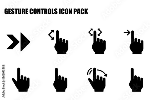 Gesture controls icon pack depicting various hand actions for user interface design. Black and white icons for touchscreen interaction.