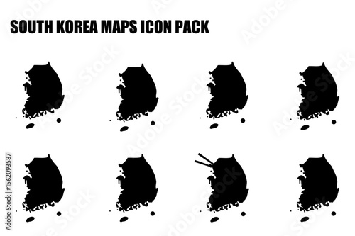 South Korea map silhouettes in various stylized representations. Simple, graphic shapes of South Korea in a white background.