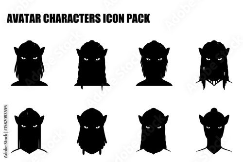 Silhouette avatars of fantasy characters in various hairstyles and adornments. Profile views of diverse fictional beings, potentially for use in game design or social media.