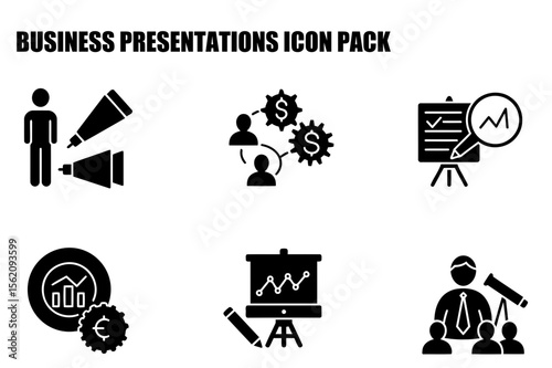 Business presentation icons set with diverse professional roles in various settings. Presenting information with graphs, team collaboration, and financial analysis.
