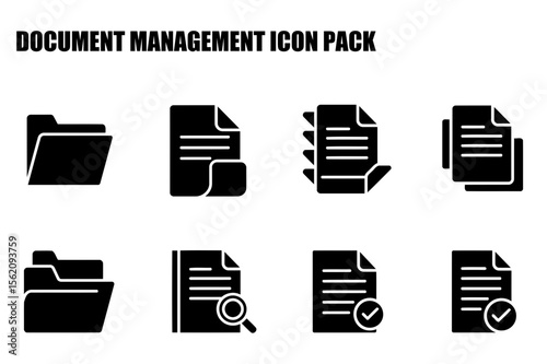 Document Management Icon Set. Simple black and white icons for various document types and actions in a digital document management system.