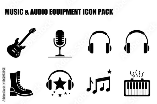 Music and audio equipment icons in a flat design style. Collection of various musical instruments and accessories for music production and entertainment.